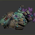 Whimsical Fantasy Landscape With Purple Hanging Vines Wooden Platform Books And Green Moss