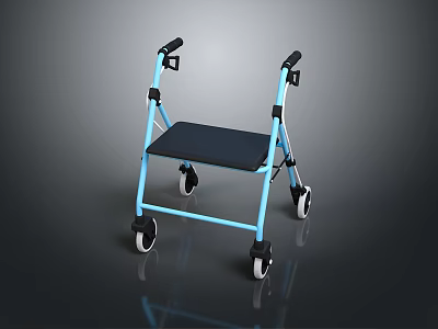 Blue Frame Walker With Black Seat Four Wheels And Armrests For Mobility Support 3d model