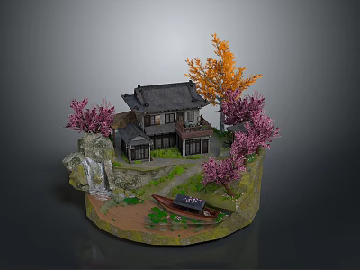 Traditional Architectural Model With Pink Trees Orange Foliage Rock And Wooden Boat 3d model