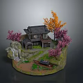 Traditional Architectural Model With Pink Trees Orange Foliage Rock And Wooden Boat