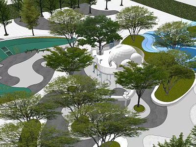 Children's Play Area Featuring Trees Play Structures Curved Paths and Water Features 3d model