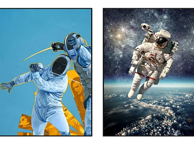 Astronauts Fighting with Swords in Space Figure Painting with Starry Sky and Earth 3d model