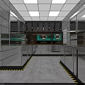 Commercial Kitchen Interior Featuring Stainless Steel Aisle Cabinets Green Signs And Lighting