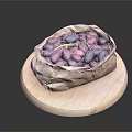 Fresh Purple And Blue Fruits in Paper Bag on Round Wooden Tray Against Dark Background