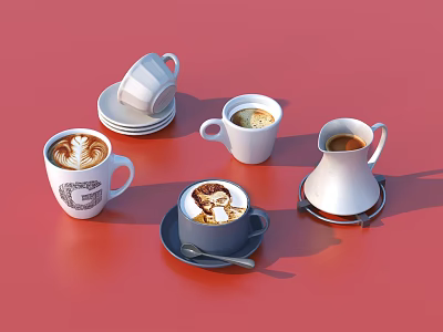 Assorted Coffee Drinks In Cups With Latte Art On Red Background With Saucers And Tray 3d model
