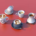Assorted Coffee Drinks In Cups With Latte Art On Red Background With Saucers And Tray