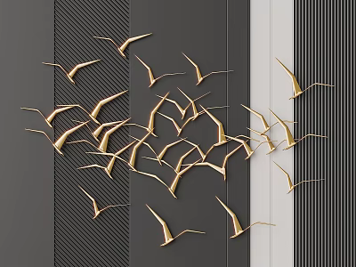 Elegant Golden Bird 3D Metal Wall Decor For Modern Gray Striped Wall 3d model