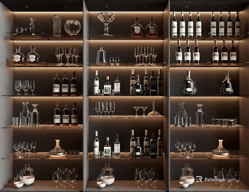 Elegant Liquor Cabinet Decorative Ornament Set With Wine Glasses And Bottles 3d model 