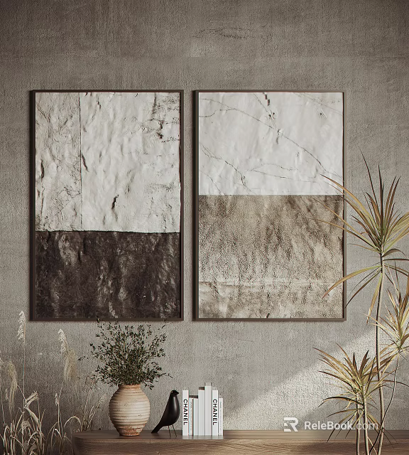 Abstract Two Panel Wall Art For Modern Interior With Textured Patterns And Plants 3d model