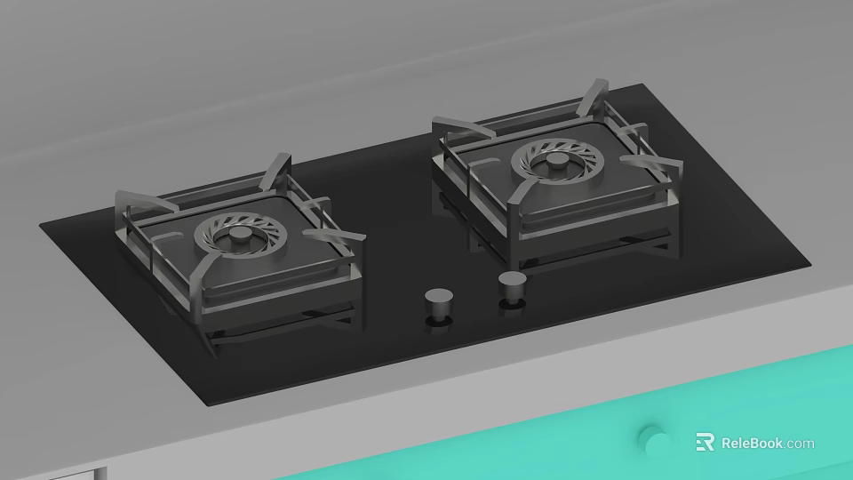 Modern Kitchen Gas Stove With Black Glass Top Two Burners And Control Knobs 3d model