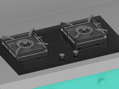 Modern Kitchen Gas Stove With Black Glass Top Two Burners And Control Knobs 3d model