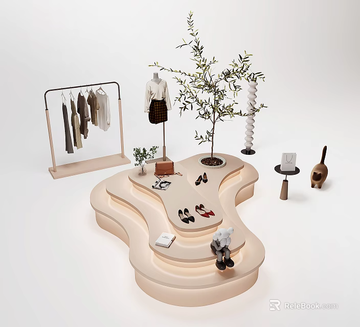 Modern Display Shelves with Clothing Rack Mannequin Olive Tree and Decorative Accessories 3d model 