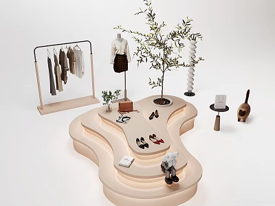 Modern Display Shelves with Clothing Rack Mannequin Olive Tree and Decorative Accessories 3d model