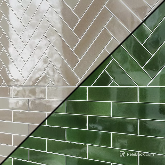 Herringbone And Rectangular Tiles In Light Beige And Dark Green With Glazed Surface 3d model