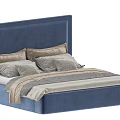 Modern Blue Velvet Double Bed With Beige Pillows And Gray Bedding