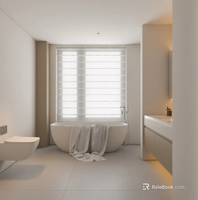 Modern Minimalist Bathroom Interior With Freestanding Bathtub Towels Window Blinds Vanity And Toilet 3d model 