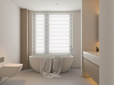Modern Minimalist Bathroom Interior With Freestanding Bathtub Towels Window Blinds Vanity And Toilet 3d model