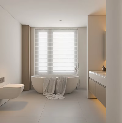 Modern Minimalist Bathroom Interior With Freestanding Bathtub Towels Window Blinds Vanity And Toilet 3d model