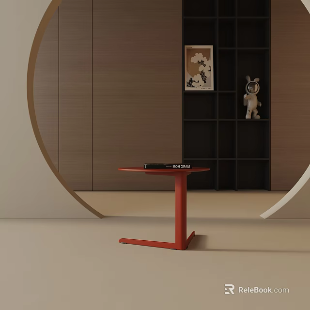 Modern Red Side Table With Round Top And Geometric Base Near Bookshelf Decorative Items 3d model 