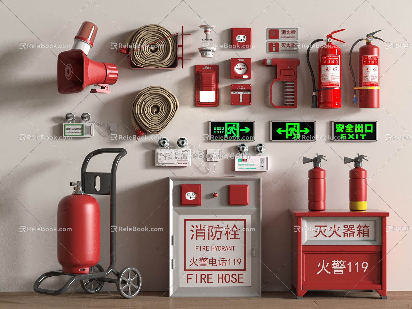 Fire hydrant fire extinguisher fire hydrant safety exit alarm fire emergency lighting 3d model