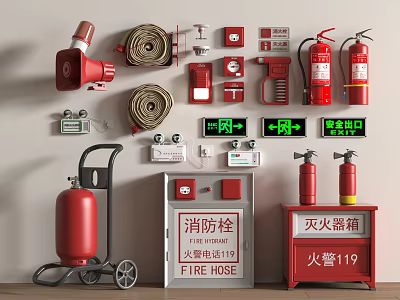Comprehensive Fire Safety Equipment Including Hydrants Extinguishers Hose Emergency Exit Signs and Alarms 3d model