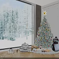 Christmas Live Room With Decorated Tree Snowman Gifts And Snowy Forest View