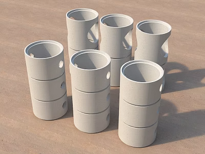 Construction Site Stacked White Concrete Cylinders as Building Components on Ground 3d model