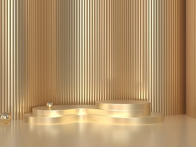 Golden Display Shelves Featuring Vertical Striped Backdrop and Decorative Metal Balls 3d model