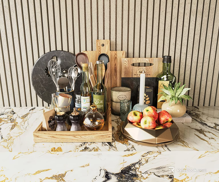 Organized Kitchen Utensils On Marble Countertop With Wooden Background Spice Bottles And Fresh Apples 3d model 