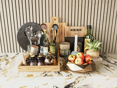 Organized Kitchen Utensils On Marble Countertop With Wooden Background Spice Bottles And Fresh Apples 3d model