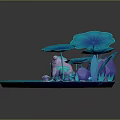 Cartoon Scene with Blue Lotus Leaves Frog Blue Water Purple Stones and Pink Flowers