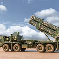 Camouflaged Military Missile Launch Vehicle With Elevated Launcher In Desert Terrain