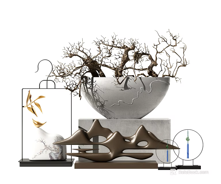 Elegant Decorative Ornament Set With Ceramic Bowl Twig Glass Frame And Mountain Shaped Decor 3d model 