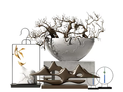 Elegant Decorative Ornament Set With Ceramic Bowl Twig Glass Frame And Mountain Shaped Decor 3d model