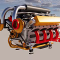 Detailed Metallic Engine Featuring Yellow Components Red Pipes Silver Body And Black Top