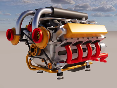 Detailed Metallic Engine Featuring Yellow Components Red Pipes Silver Body And Black Top 3d model