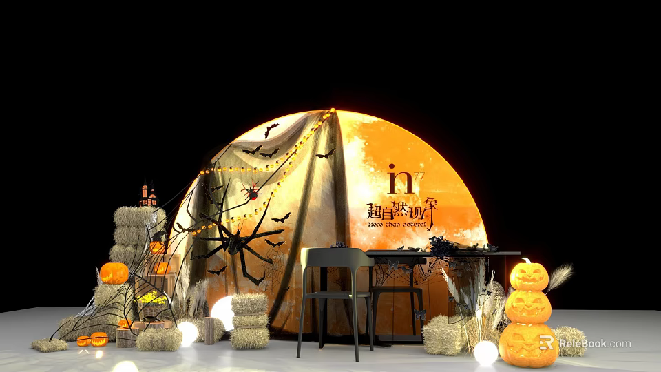 Halloween Photo Spot With Moon Backdrop Spider Webs Pumpkins Hay Bales Black Chairs And Table 3d model 