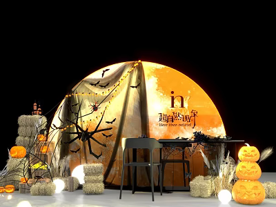 Halloween Photo Spot With Moon Backdrop Spider Webs Pumpkins Hay Bales Black Chairs And Table 3d model