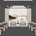 Elegant Hotel Public Lounge With Gray Sofas Coffee Tables Soft Ceiling Lighting Decorative Backdrop Wall 3d model