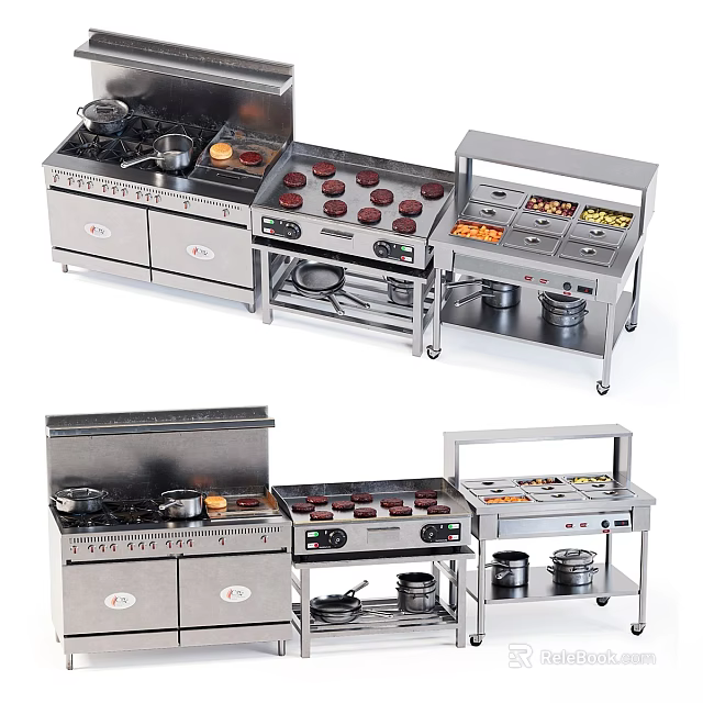 Commercial Stainless Steel Kitchen Cooking Equipment with Multiple Burners Stove Steamers Shelves and Frying Pans 3d model 