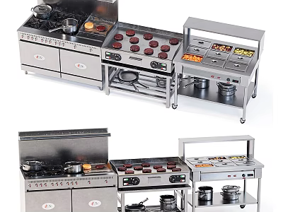 Commercial Stainless Steel Kitchen Cooking Equipment with Multiple Burners Stove Steamers Shelves and Frying Pans 3d model
