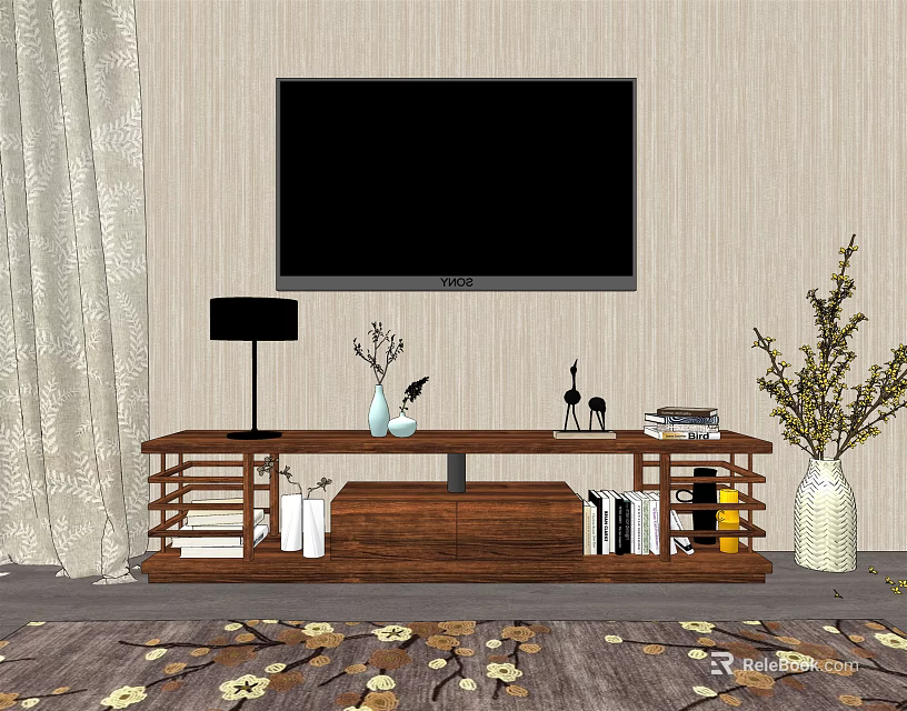 Modern Wooden TV Stand With TV Vase Decorations Table Lamp Books And Curtain 3d model 