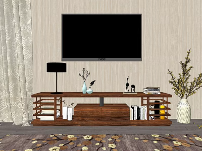 Modern Wooden TV Stand With TV Vase Decorations Table Lamp Books And Curtain 3d model