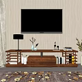 Modern Wooden TV Stand With TV Vase Decorations Table Lamp Books And Curtain