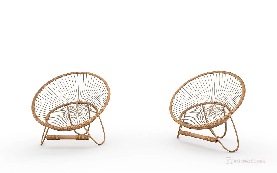 Modern Rattan Leisure Chairs With Round Shape And Curved Metal Frame Design 3d model 