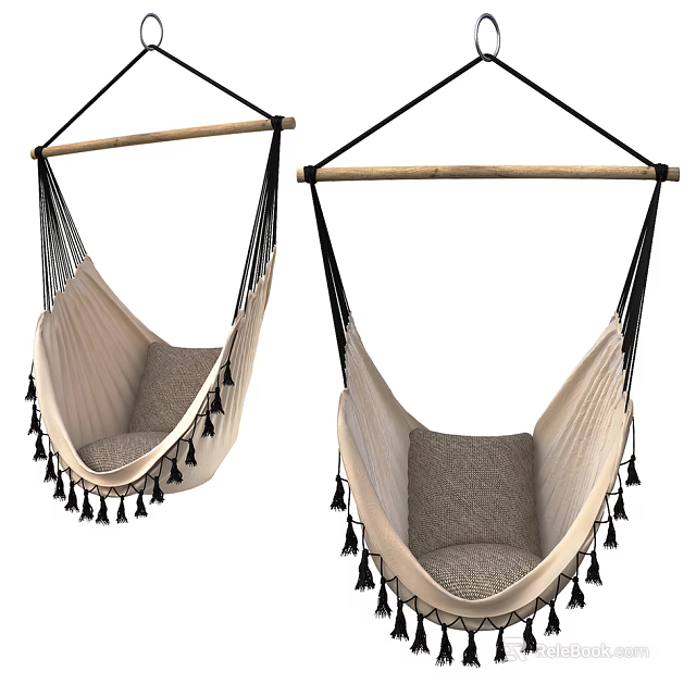 Macramé Hammock Chair Featuring Wooden Hanging Bar Soft Cushion And Tassel Details 3d model 