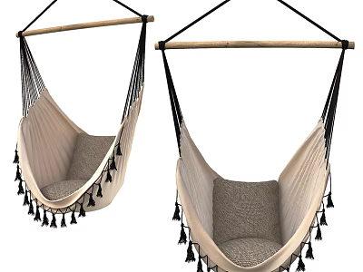 Macramé Hammock Chair Featuring Wooden Hanging Bar Soft Cushion And Tassel Details 3d model