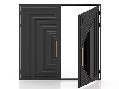 Black Barn Door with Geometric Line Design and Gold Handle One Open and One Closed 3d model