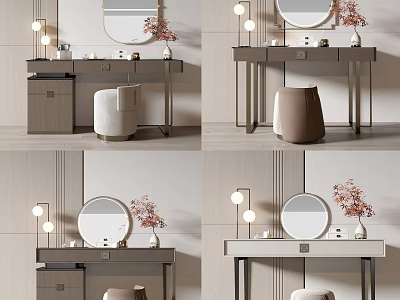 Modern Dressing Table With Round Mirror Stool Table Lamp And Flowers 3d model