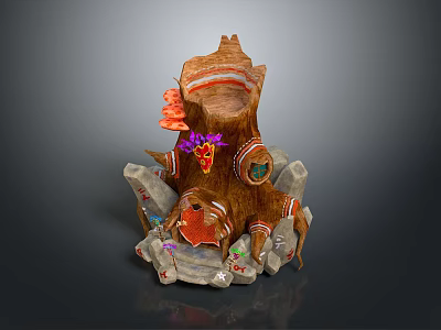 Decorative Tree Stump Shaped Building With Orange Structures Purple Flowers Stone Base And Entrance 3d model